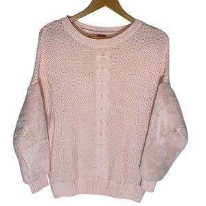 E6- Guess XS Pink Cable Knit Sweater with Faux Fur Sleeves